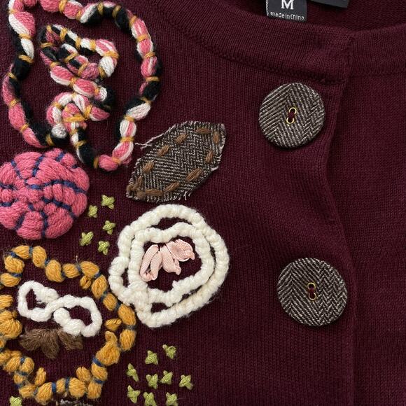 Anthropologie Knitted Dove Embroidered Cardigan Burgundy  Sweater Size M - Picture 8 of 15